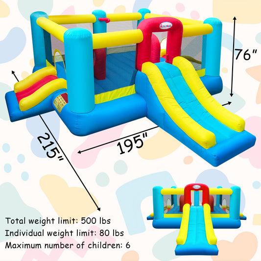 Large inflatable bounce house with slide, 17.9ft x 16.25ft, 3 slides, basketball hoop, obstacle area, holds 6 kids.
