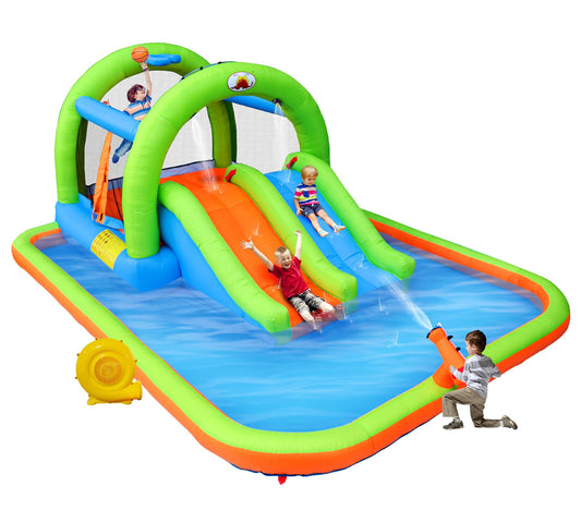 WELLFUNTIME 2-in-1 inflatable bounce house, double slide, basketball ring, jumping area for 3 kids.
