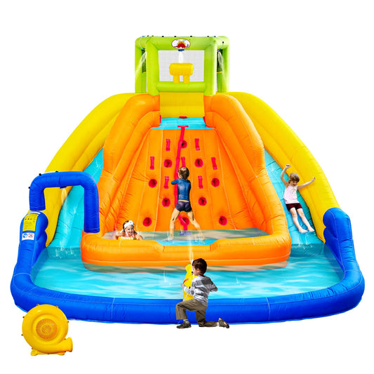 WELLFUNTIME inflatable water slide, bucket drop feature, deep pool, climbing wall, blower included.