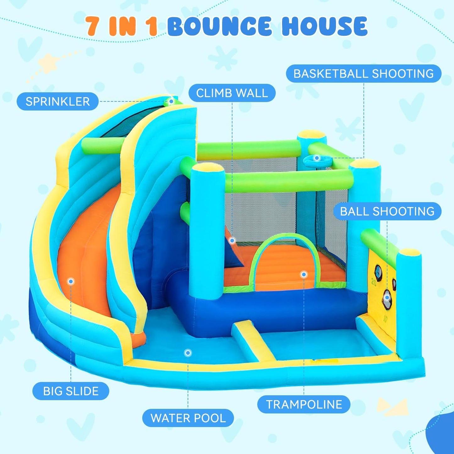 FBSPORT inflatable bounce house water park, slide, climbing wall, ball shooting, splash pool.