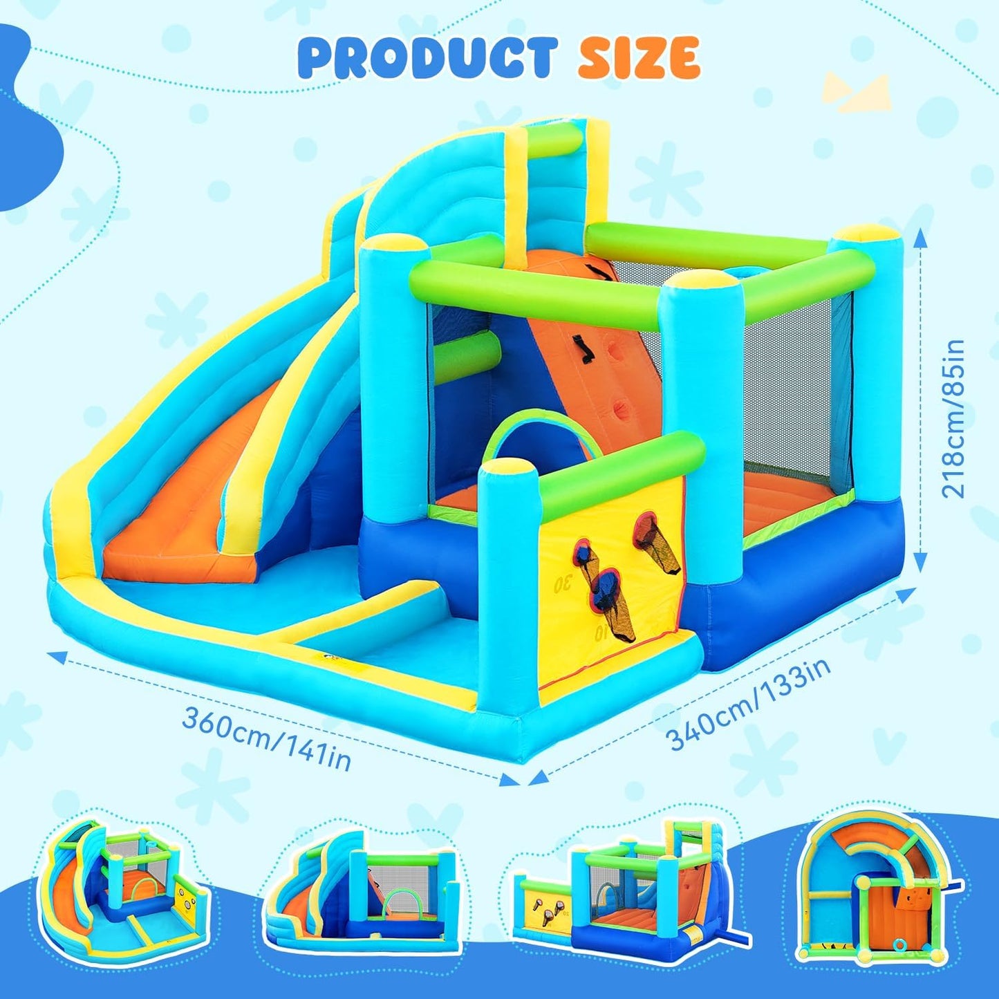 FBSPORT inflatable bounce house water park, slide, climbing wall, ball shooting, splash pool.