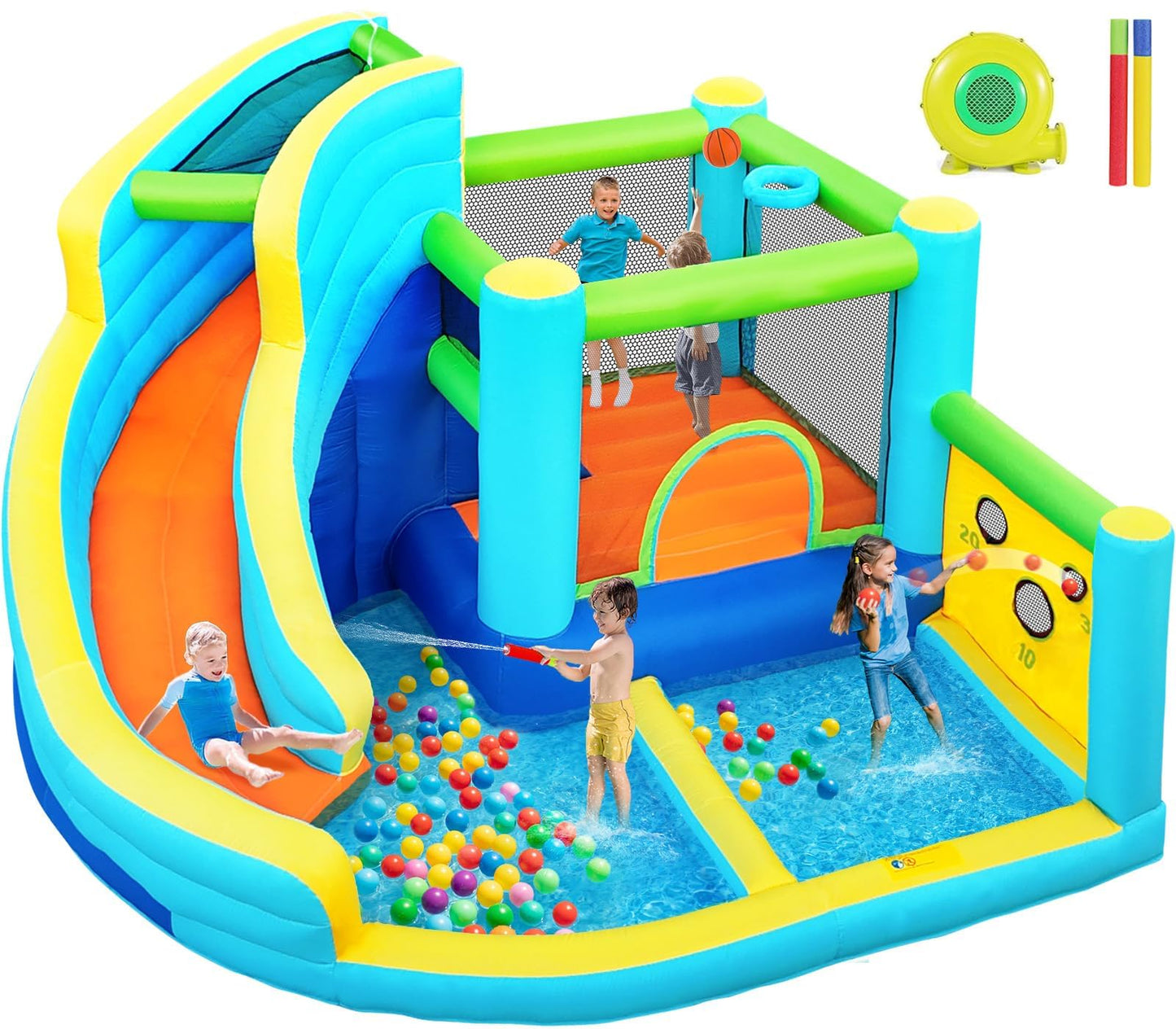 FBSPORT inflatable bounce house water park, slide, climbing wall, ball shooting, splash pool.
