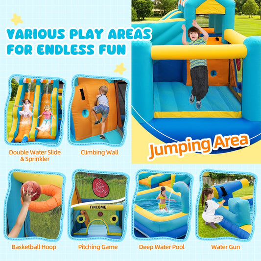 FINCOME 10-in-1 double slide bounce house, 750W blower, basketball hoop, water gun, splash pool.