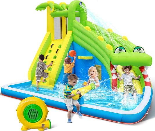 TOAOB 5-in-1 crocodile inflatable water park, slide, pool, basketball, water cannon, 480W blower.