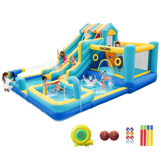 FINCOME 10-in-1 double slide bounce house, 750W blower, basketball hoop, water gun, splash pool.