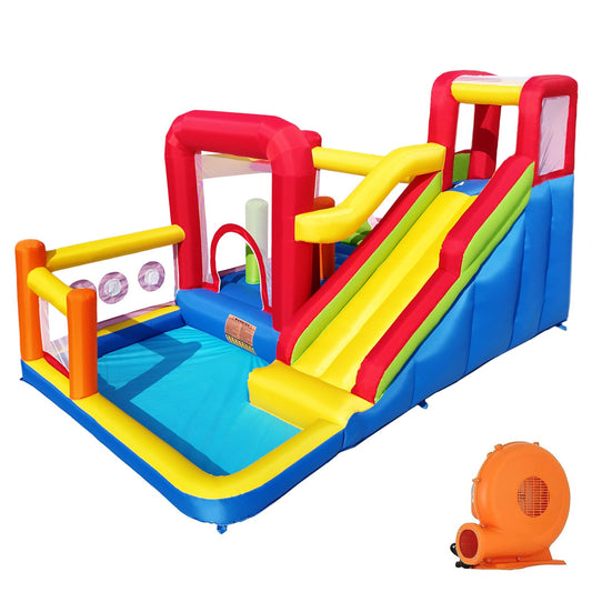 Hongcoral inflatable bounce castle, slide, climbing wall, obstacle course, ball pit, blower.
