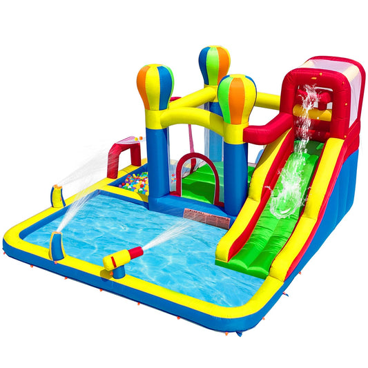 Baralir inflatable water park bounce house, 2 slides, sprinklers, splash pools, fits 5 kids.
