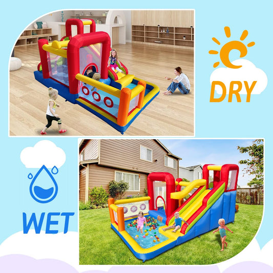 Hongcoral inflatable bounce castle, slide, climbing wall, obstacle course, ball pit, blower.