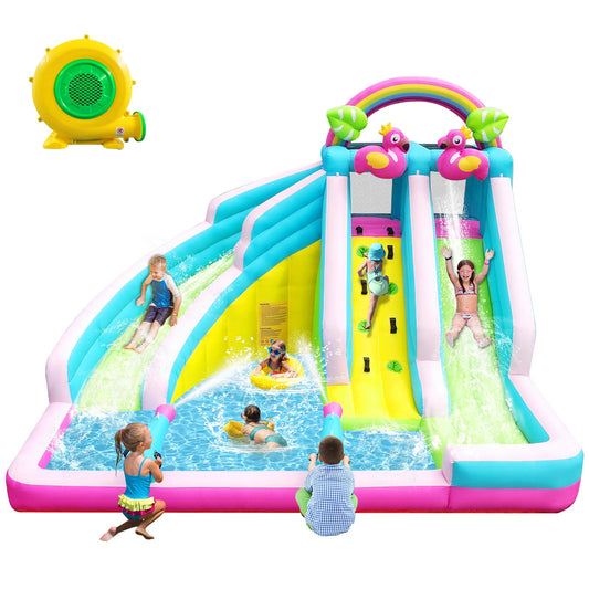 6-in-1 inflatable flamingo water slide park, double long slides, splash pool, 580W blower.