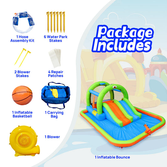 WELLFUNTIME 2-in-1 inflatable bounce house, double slide, basketball ring, jumping area for 3 kids.