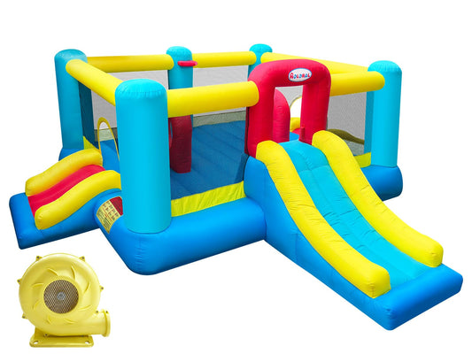 Large inflatable bounce house with slide, 17.9ft x 16.25ft, 3 slides, basketball hoop, obstacle area, holds 6 kids.
