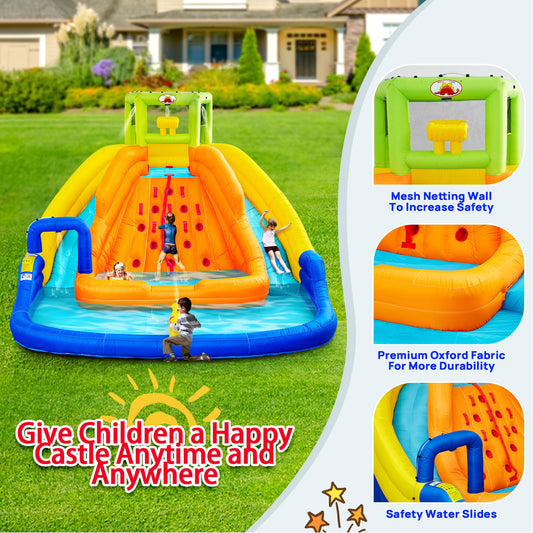 WELLFUNTIME inflatable water slide, bucket drop feature, deep pool, climbing wall, blower included.