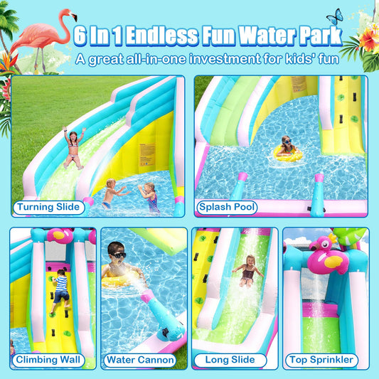 6-in-1 inflatable flamingo water slide park, double long slides, splash pool, 580W blower.