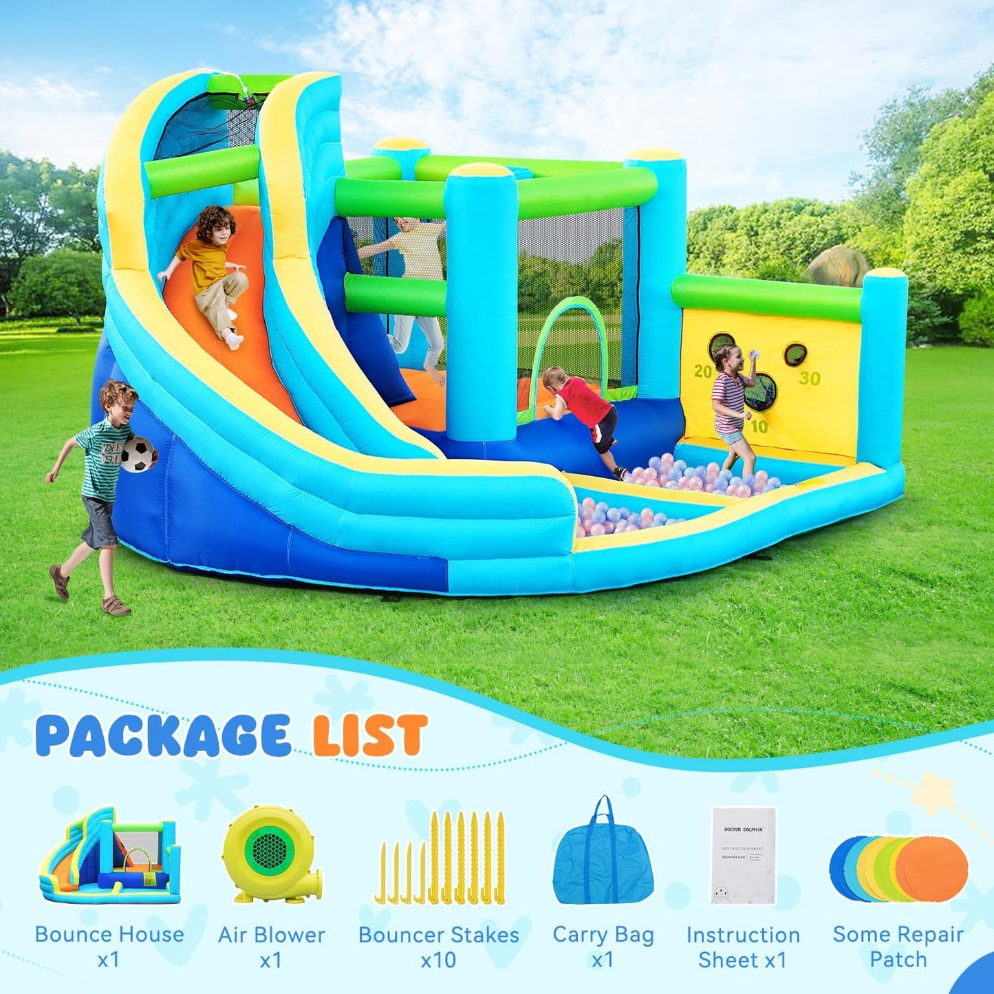 FBSPORT inflatable bounce house water park, slide, climbing wall, ball shooting, splash pool.