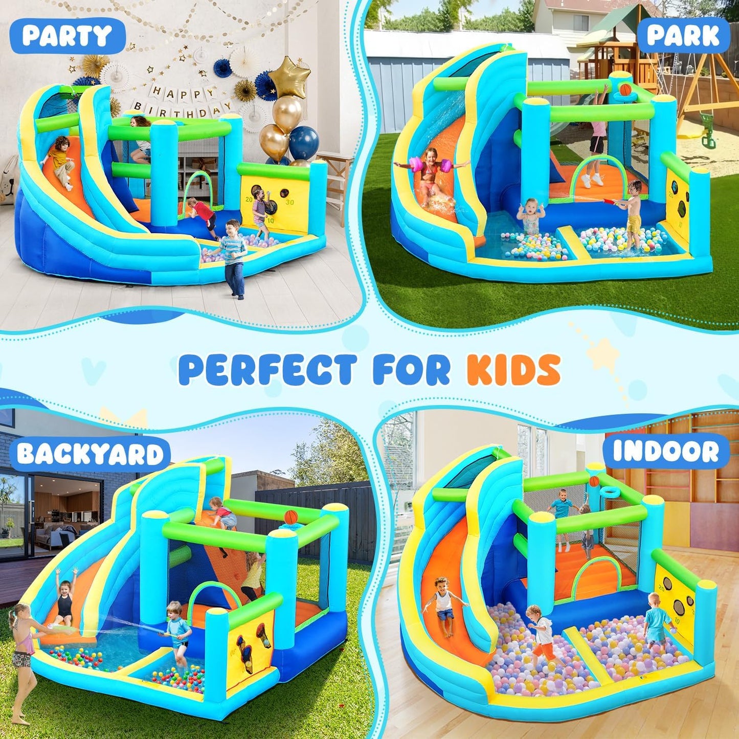 FBSPORT inflatable bounce house water park, slide, climbing wall, ball shooting, splash pool.