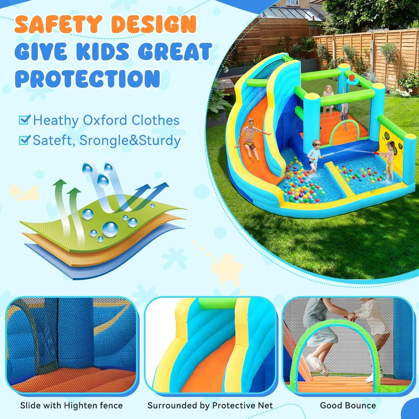 FBSPORT inflatable bounce house water park, slide, climbing wall, ball shooting, splash pool.