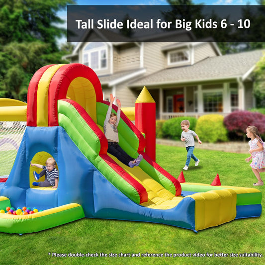 HuaKastro large inflatable play park, tall slide, climbing wall, ball pit, tunnel, ring toss.