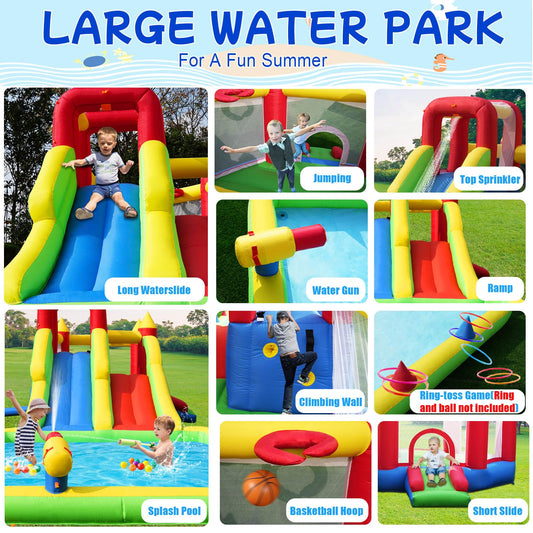 Umbalir 10-in-1 inflatable water park, dual slides, splash pool, water cannons, climbing wall, tunnels.