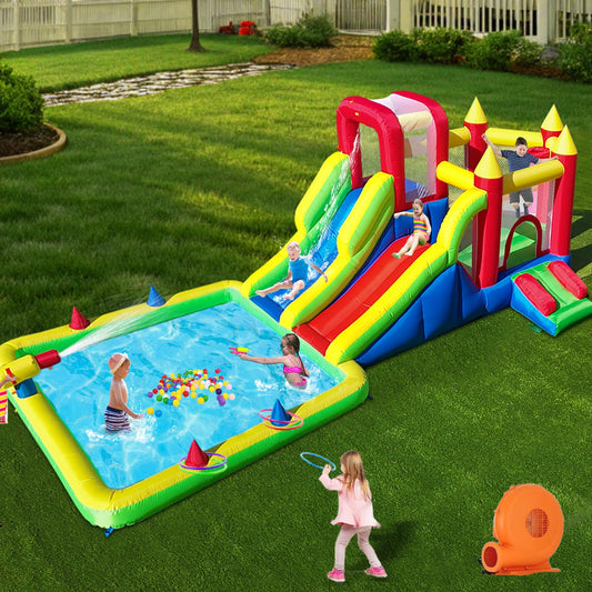 Umbalir 10-in-1 inflatable water park, dual slides, splash pool, water cannons, climbing wall, tunnels.