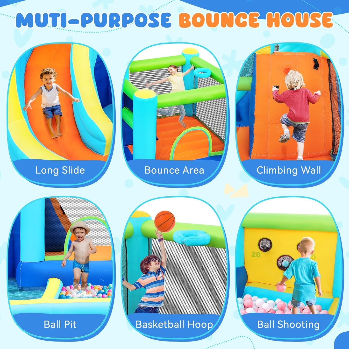 FBSPORT inflatable bounce house water park, slide, climbing wall, ball shooting, splash pool.