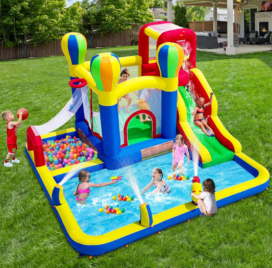 Baralir inflatable water park bounce house, 2 slides, sprinklers, splash pools, fits 5 kids.