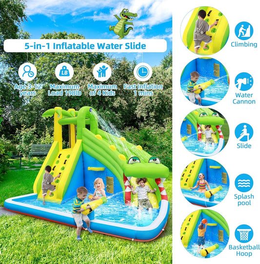 TOAOB 5-in-1 crocodile inflatable water park, slide, pool, basketball, water cannon, 480W blower.